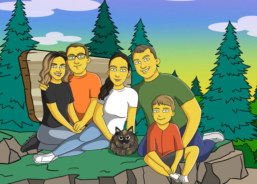 Portret rodzinny, portret z wieloma ludźmi w stylu kreskówki ze zdjęcia