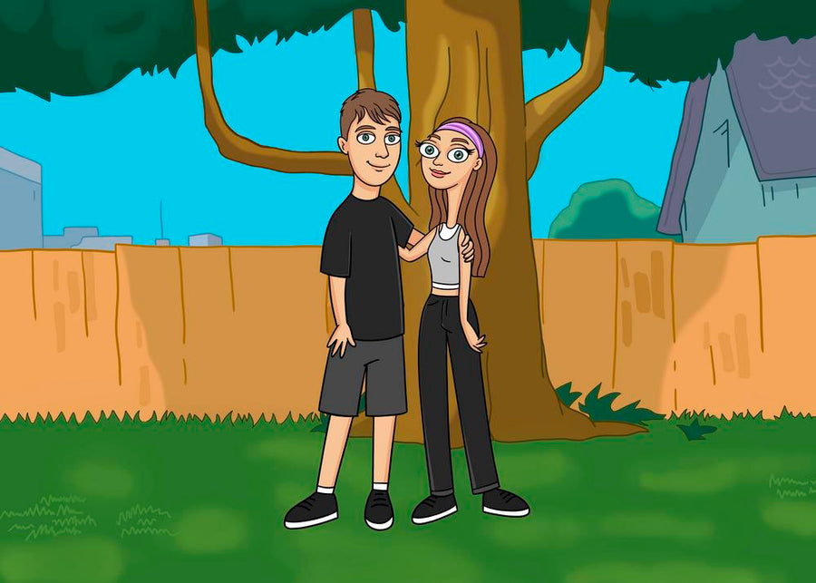 Phineas and Ferb (Fineasz i Ferb) - personalizowany obraz pary w stylu kreskówki, stojącej razem na tle drzewa w ogrodzie.