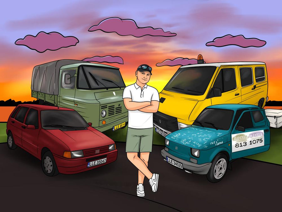 Portret z samochodem - kreskówkowy personalizowany obraz z pojazdami - Homy Post