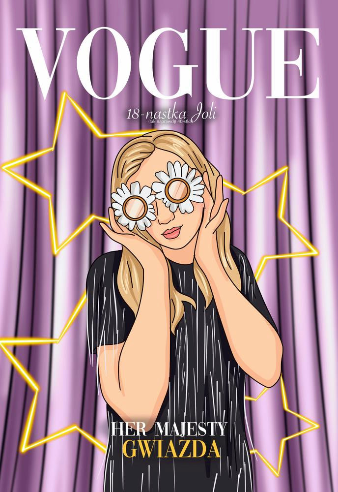 Vogue - personalizowany obraz, cartoonizowany portret dziewczyny z okularami w kształcie kwiatów na tle fioletowej kurtyny. Kreatywny prezent na 18. urodziny.