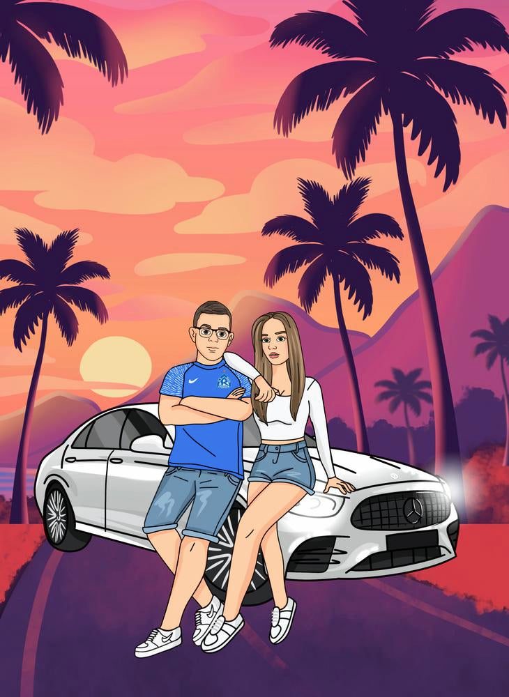 Portret z samochodem - kreskówkowy personalizowany obraz z pojazdami - Homy Post