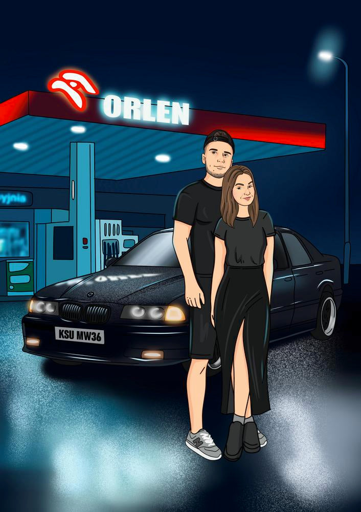 Portret z samochodem - kreskówkowy personalizowany obraz z pojazdami - Homy Post