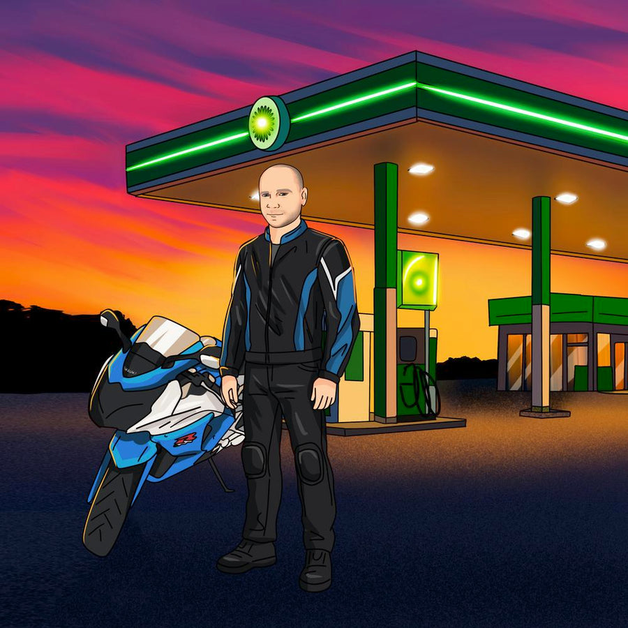 Portret z samochodem - kreskówkowy personalizowany obraz z pojazdami - Homy Post