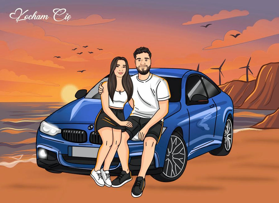 Portret z samochodem - kreskówkowy personalizowany obraz z pojazdami - Homy Post