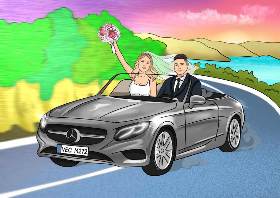 Portret z samochodem - kreskówkowy personalizowany obraz z pojazdami - Homy Post