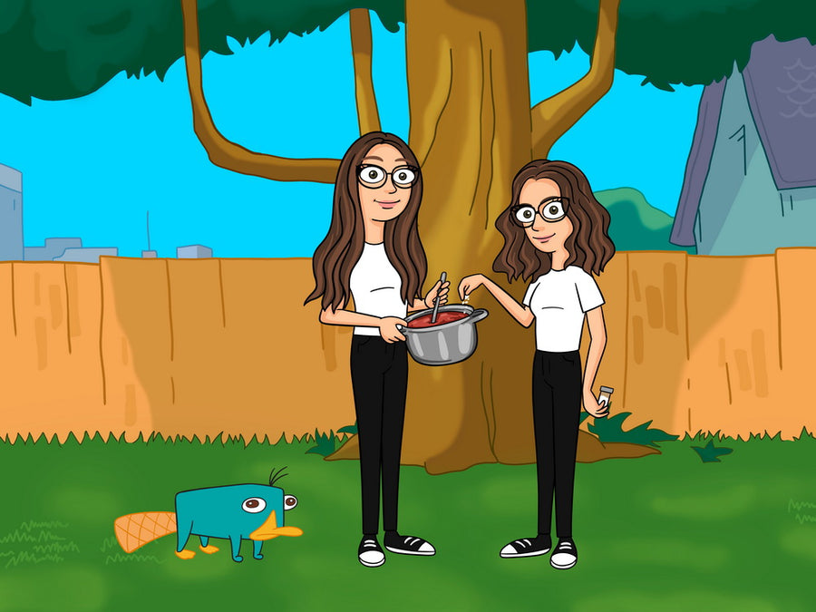 Phineas and Ferb (Fineasz i Ferb) - personalizowany obraz, cartoonizowany portret dwóch dziewczyn z garnkiem i Platypusem w stylu kreskówki.