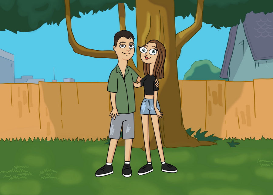 Phineas and Ferb (Fineasz i Ferb) - personalizowany obraz pary w stylu kreskówki, z tłem ogrodu i dużym drzewem.