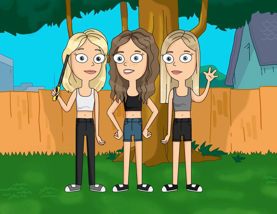 Phineas and Ferb (Fineasz i Ferb) - personalizowany obraz trzech dziewczyn w stylu kreskówki, z tłem ogrodu i domów.