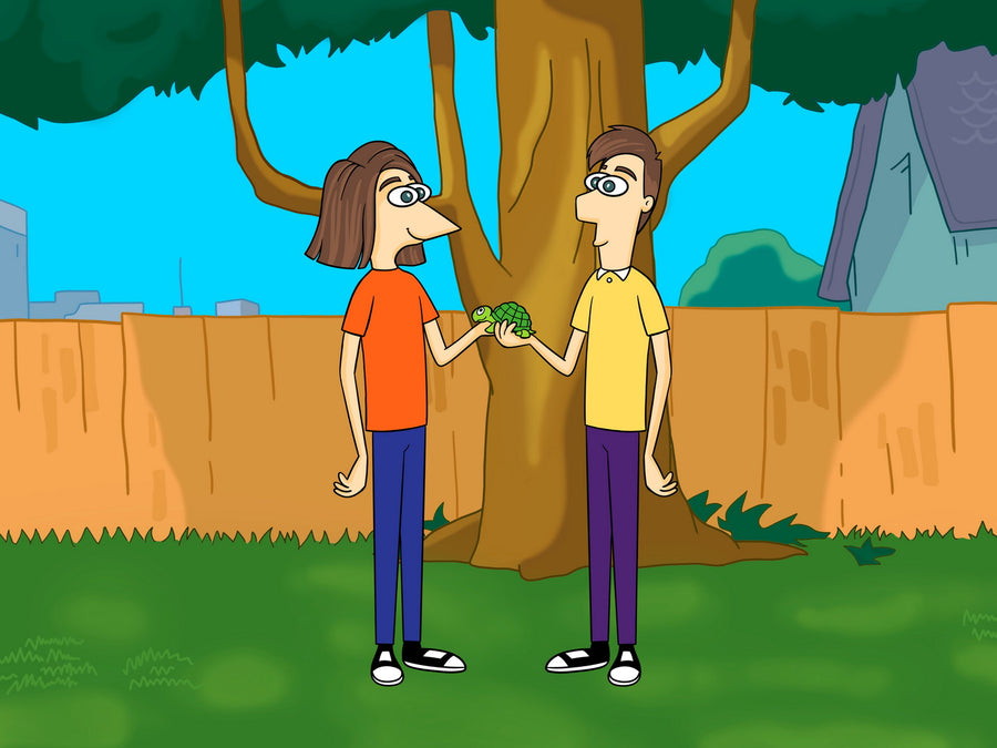 Phineas and Ferb (Fineasz i Ferb) - cartoonizowany portret dwóch chłopaków trzymających kameleona, stylizowany na serial animowany.